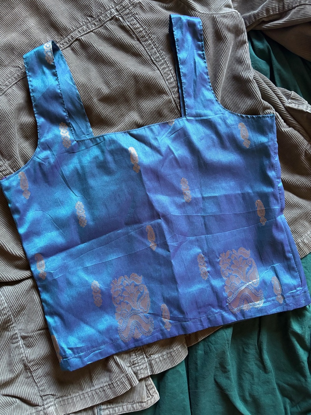 Blue Floral Brocade Square-Neck Crop Top